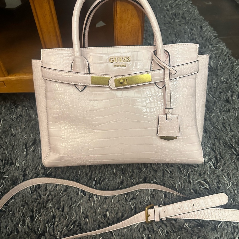 GUESS Enica Powder Pink Croc-Embossed Handbag
